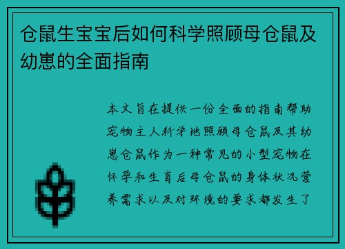 仓鼠生宝宝后如何科学照顾母仓鼠及幼崽的全面指南